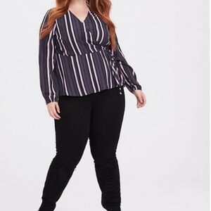 Torrid black purple stripe wrap side tie blouse